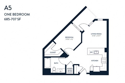 Floor plan for 1 bed, 1 bath, 681 sqft